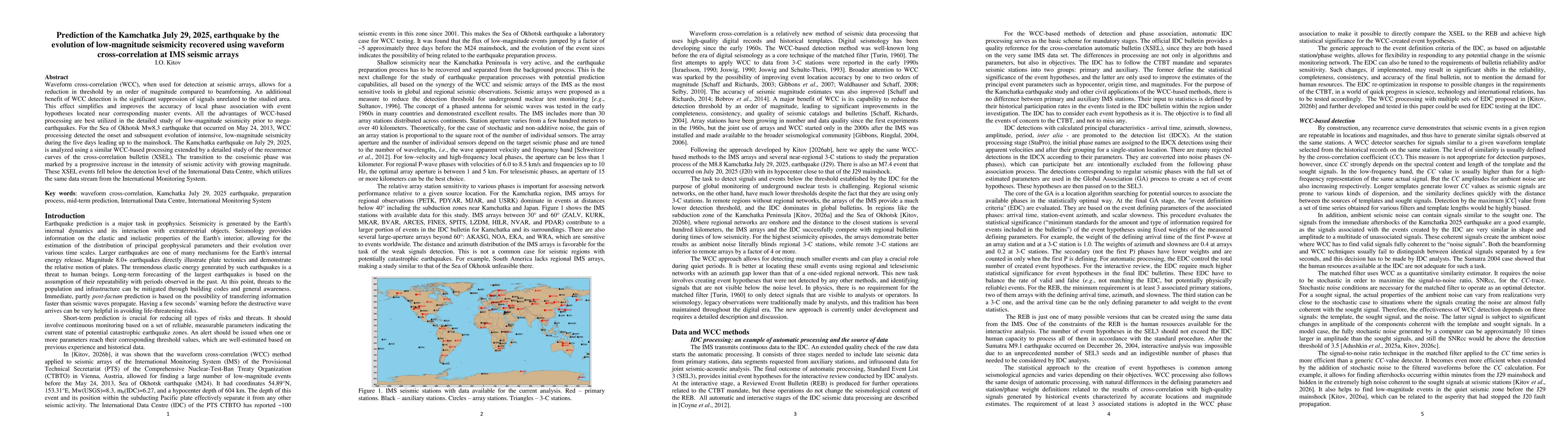 Thumbnail for Prediction of the Kamchatka July 29, 2025, earthquake by the evolution of low-magnitude seismicity recovered using waveform cross-correlation at IMS seismic arrays