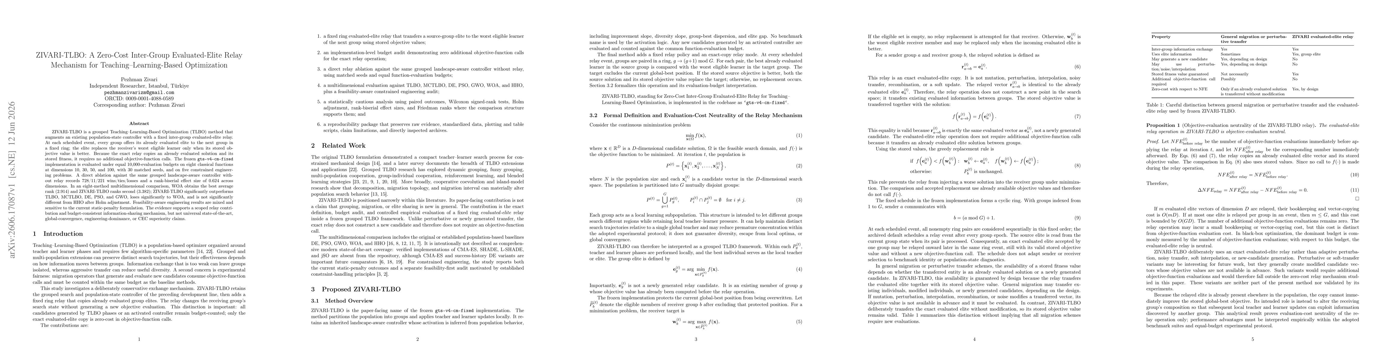 Thumbnail for ZIVARI-TLBO: A Zero-Cost Inter-Group Evaluated-Elite Relay Mechanism for Teaching-Learning-Based Optimization