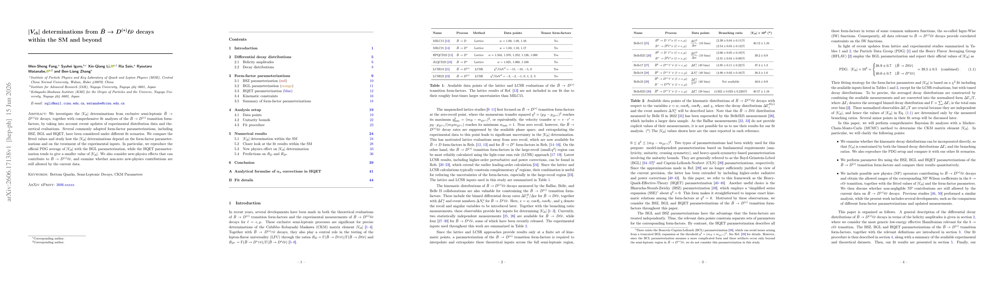 Thumbnail for $|V_{cb}|$ determinations from $\bar{B} \to D^{(*)} \ell \barν$ decays within the SM and beyond
