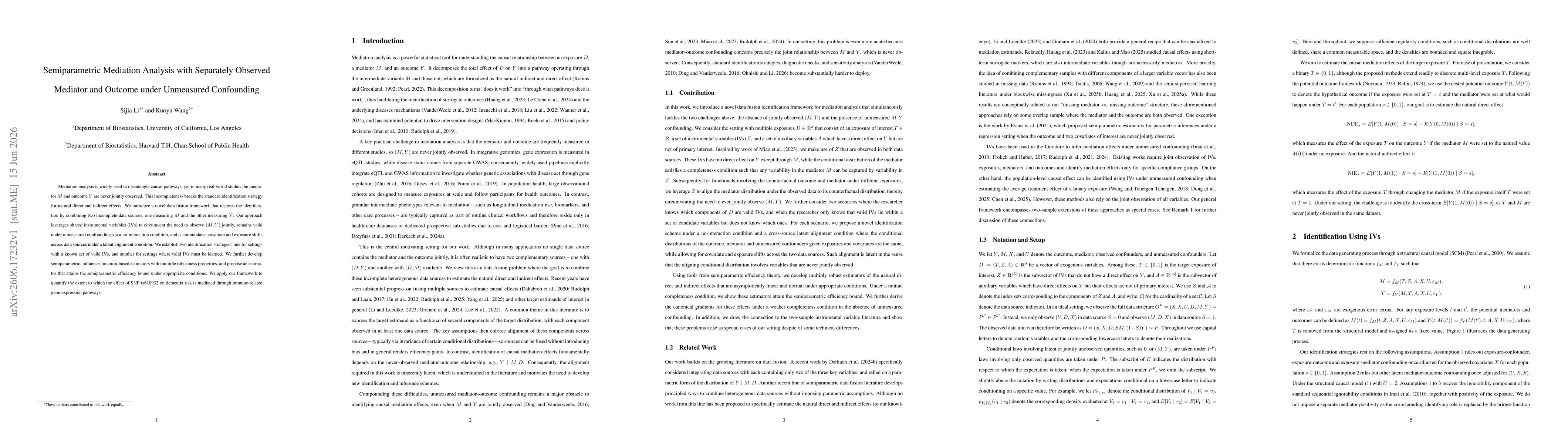 Thumbnail for Semiparametric Mediation Analysis with Separately Observed Mediator and Outcome under Unmeasured Confounding