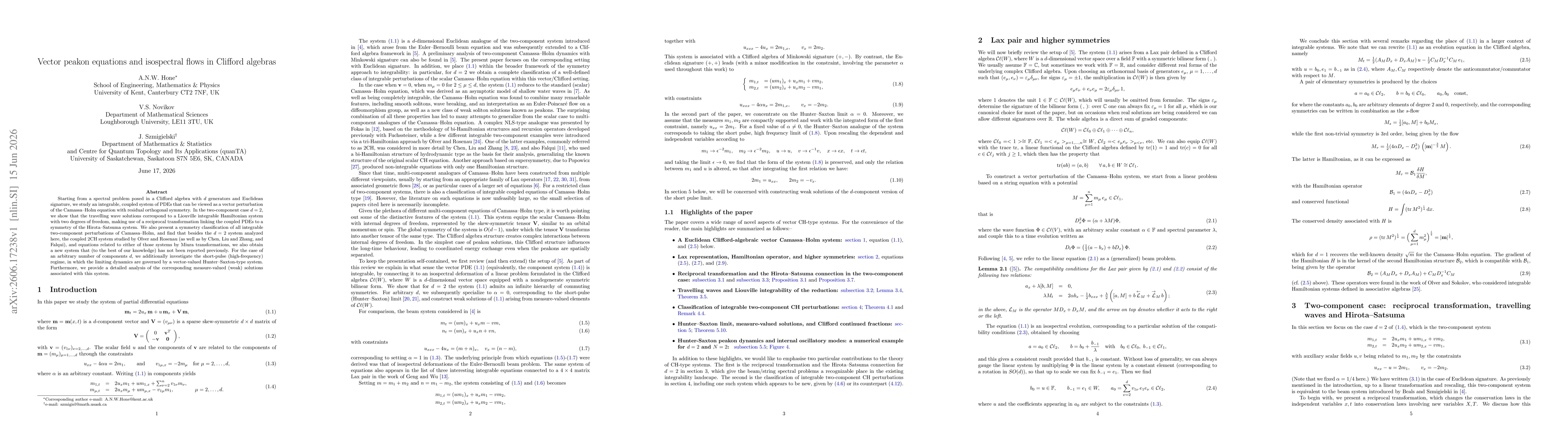 Thumbnail for Vector peakon equations and isospectral flows in Clifford algebras