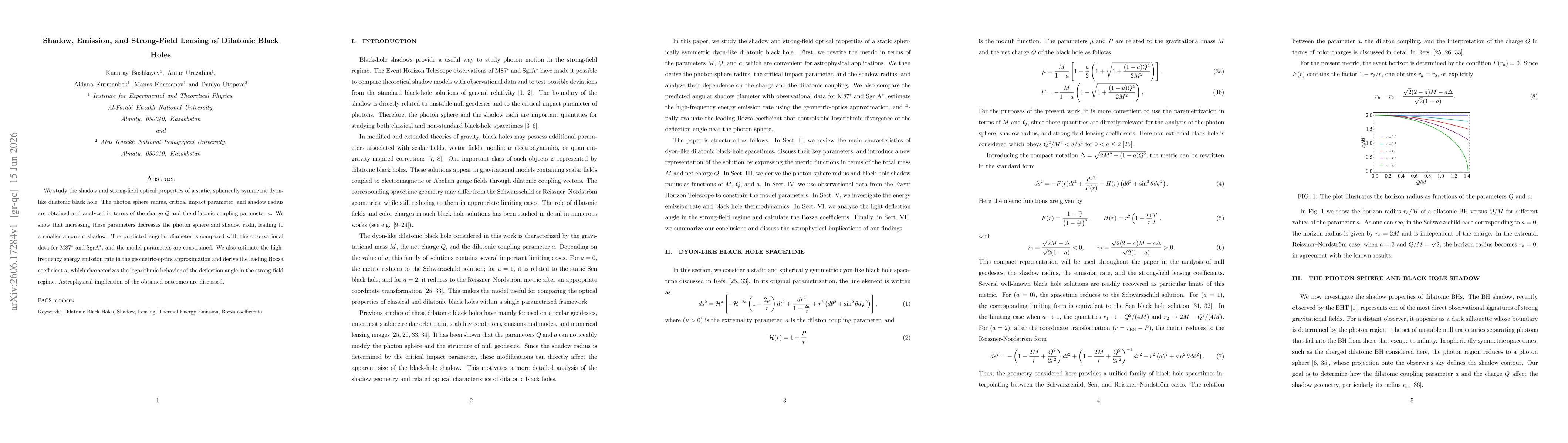 Thumbnail for Shadow, Emission, and Strong-Field Lensing of Dilatonic Black Holes