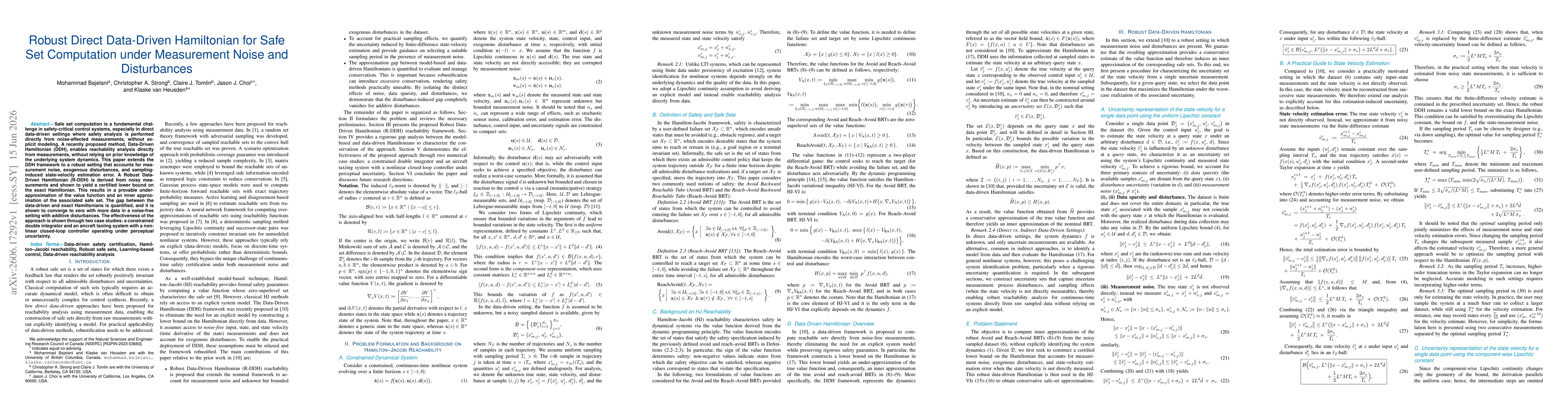 Thumbnail for Robust Direct Data-Driven Hamiltonian for Safe Set Computation under Measurement Noise and Disturbances