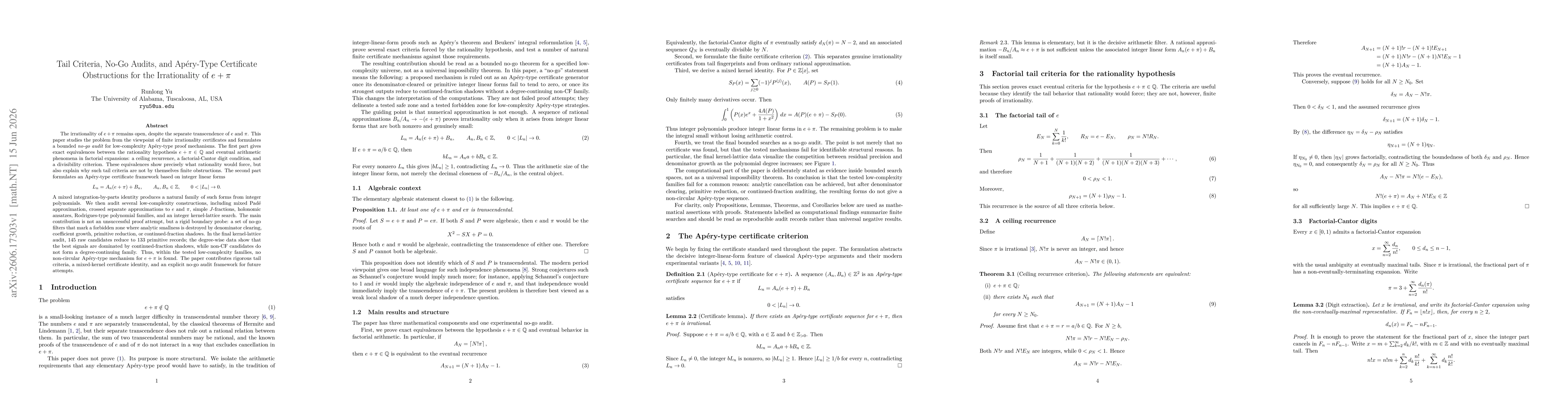 Thumbnail for Tail Criteria, No-Go Audits, and Apéry-Type Certificate Obstructions for the Irrationality of e+π