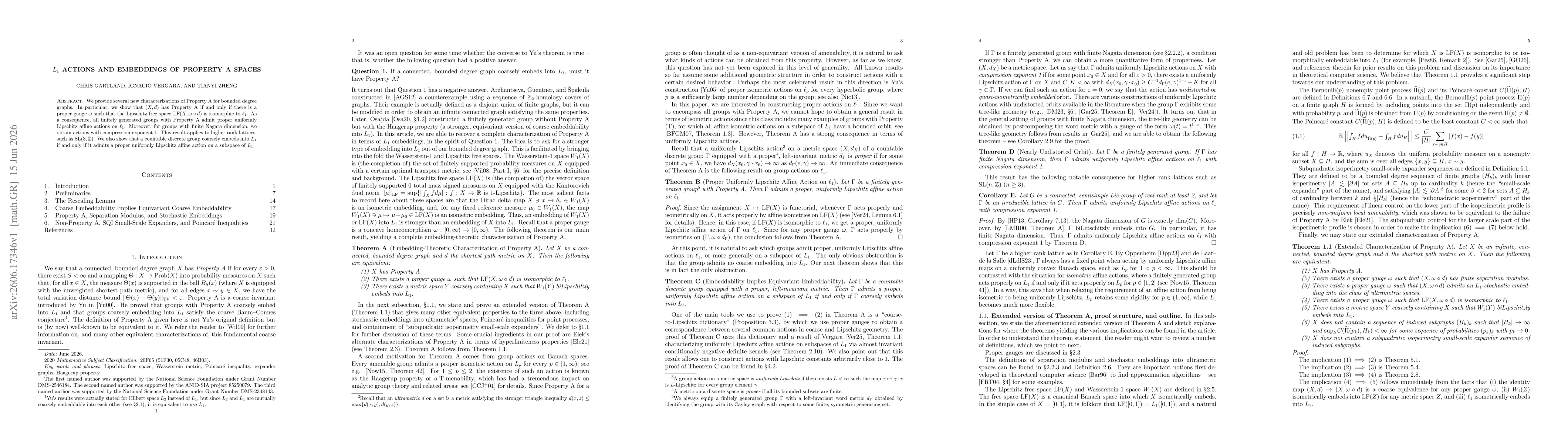 Thumbnail for $L_1$ Actions and Embeddings of Property A Spaces