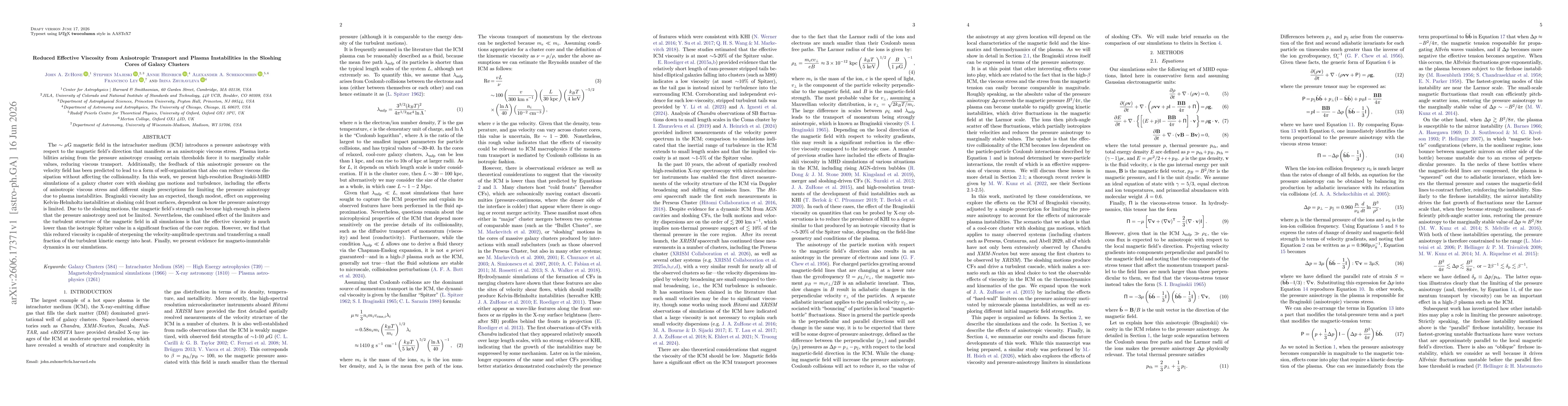 Thumbnail for Reduced Effective Viscosity from Anisotropic Transport and Plasma Instabilities in the Sloshing Cores of Galaxy Clusters