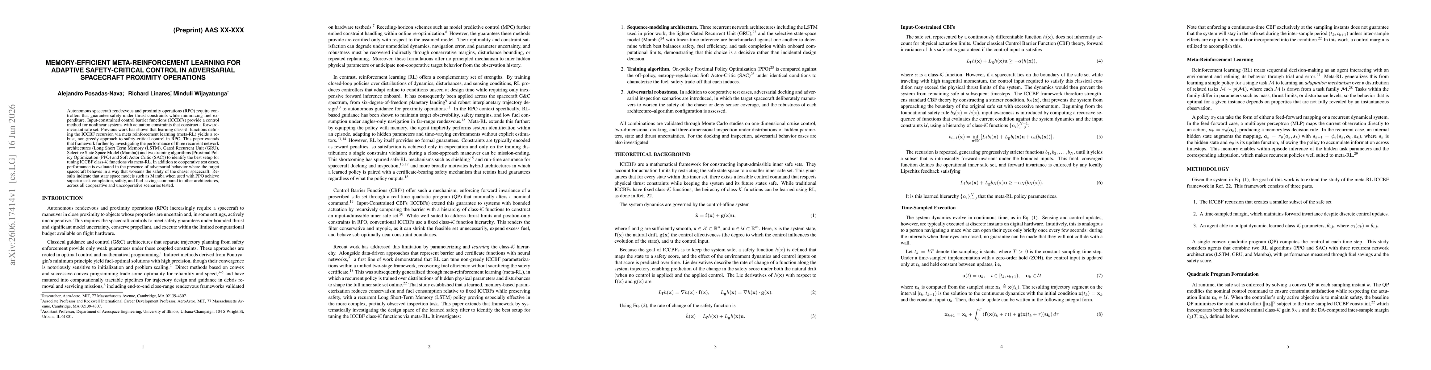 Thumbnail for Memory-Efficient Meta-Reinforcement Learning for Adaptive Safety-Critical Control in Adversarial Spacecraft Proximity Operations