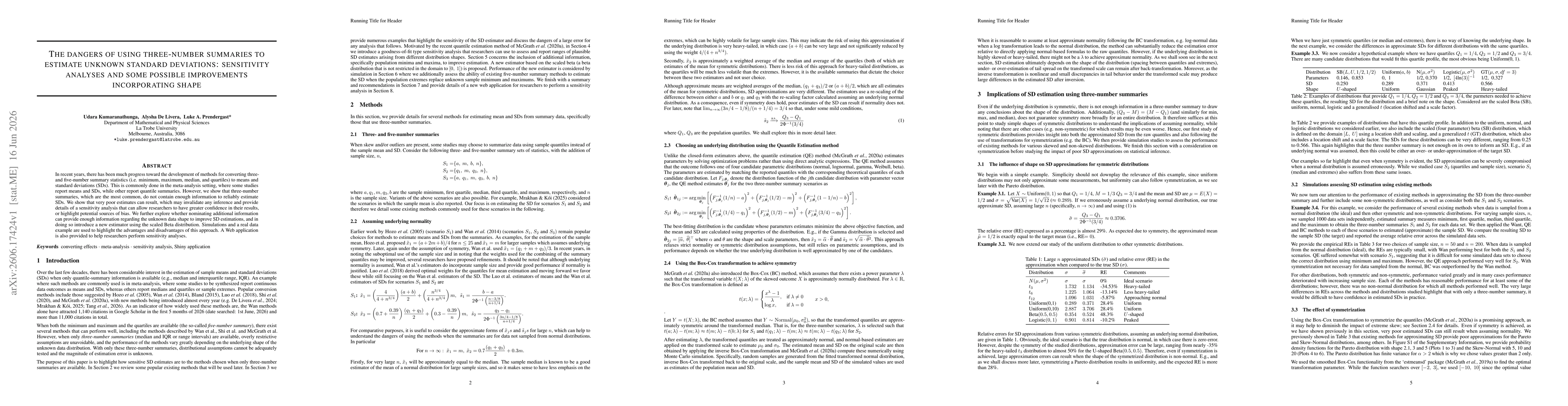 Thumbnail for The dangers of using three-number summaries to estimate unknown standard deviations: sensitivity analyses and some possible improvements incorporating shape