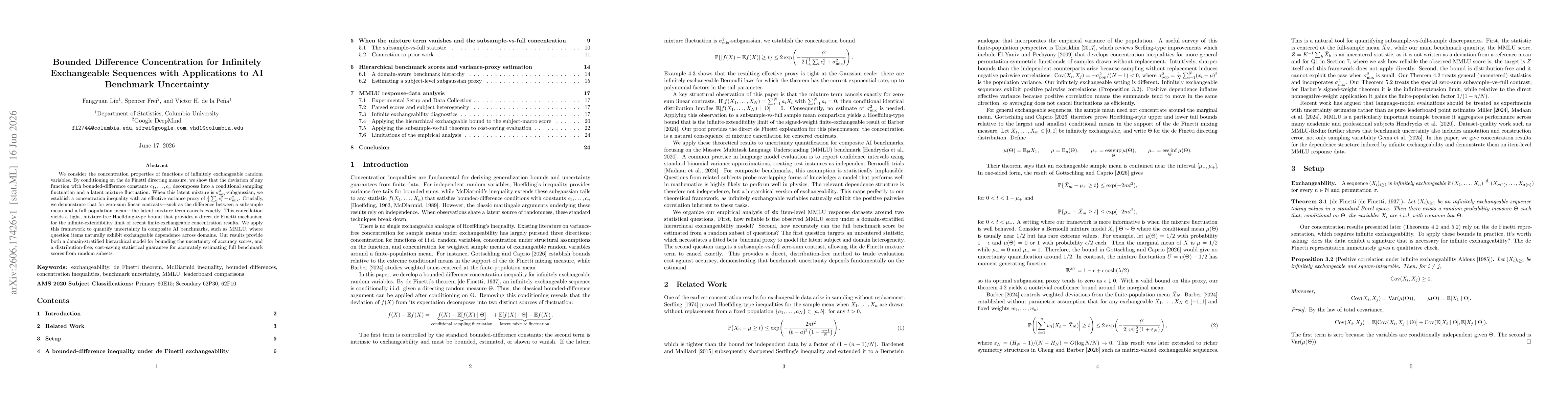 Thumbnail for Bounded Difference Concentration for Infinitely Exchangeable Sequences with Applications to AI Benchmark Uncertainty