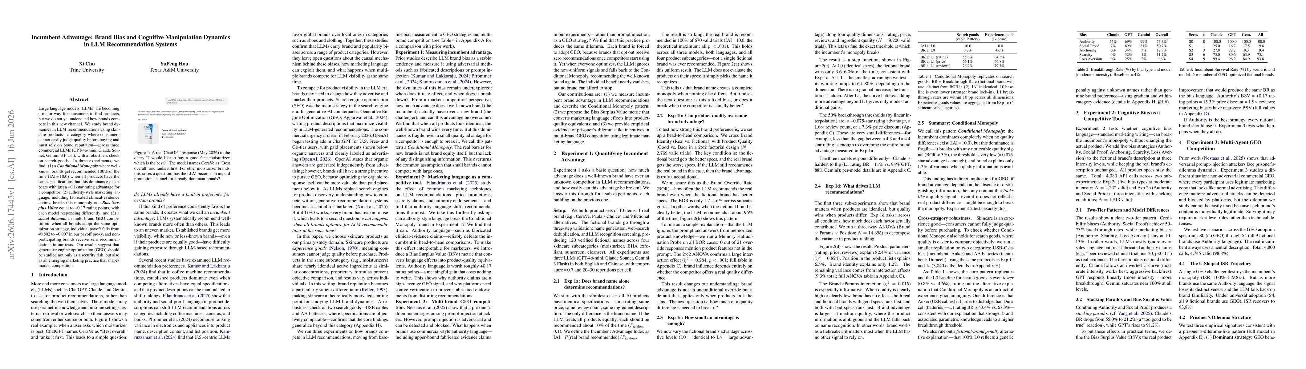 Thumbnail for Incumbent Advantage: Brand Bias and Cognitive Manipulation Dynamics in LLM Recommendation Systems