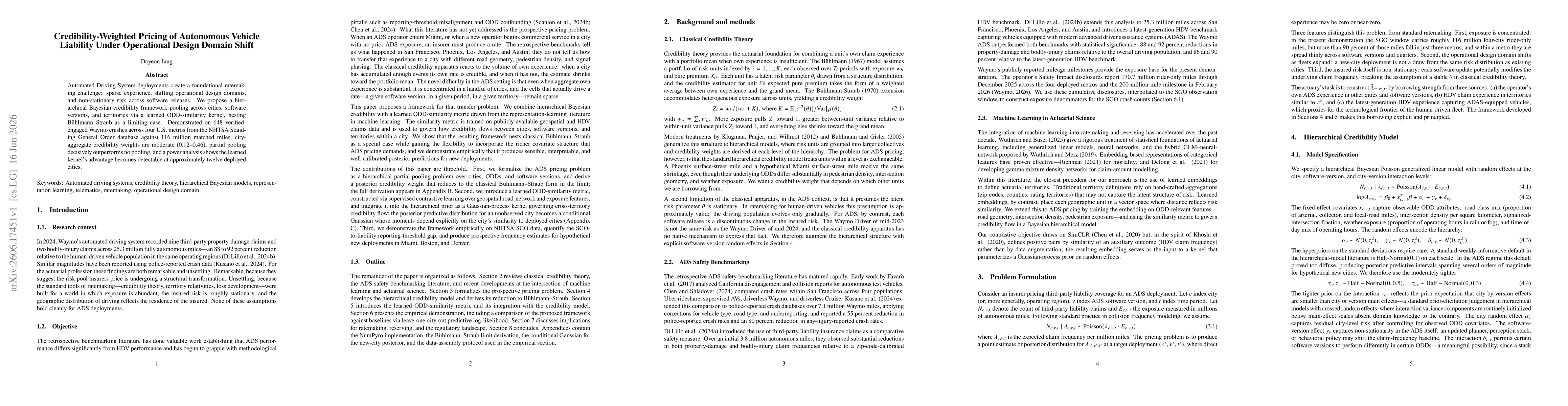 Thumbnail for Credibility-Weighted Pricing of Autonomous Vehicle Liability Under Operational Design Domain Shift