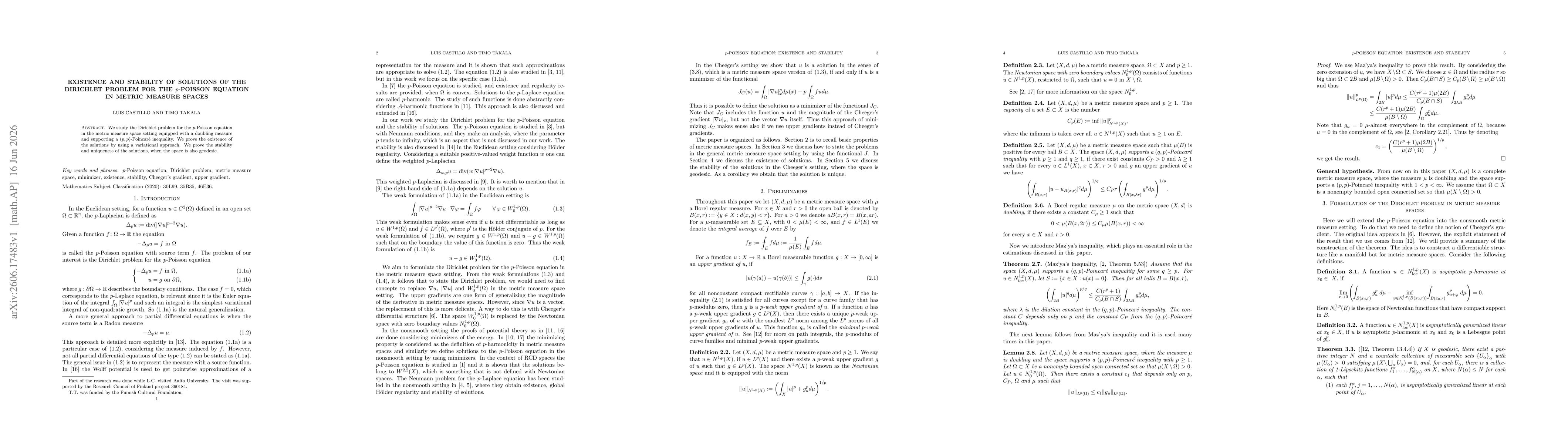Thumbnail for Existence and stability of solutions of the Dirichlet problem for the $p$-Poisson equation in metric measure spaces