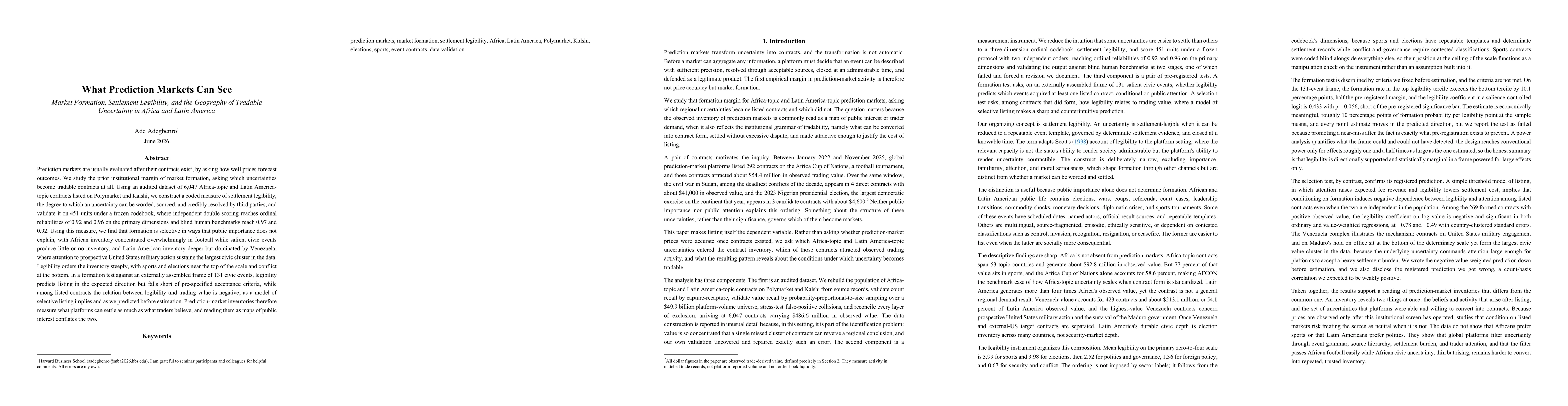 Thumbnail for What Prediction Markets Can See: Market Formation, Settlement Legibility, and the Geography of Tradable Uncertainty in Africa and Latin America