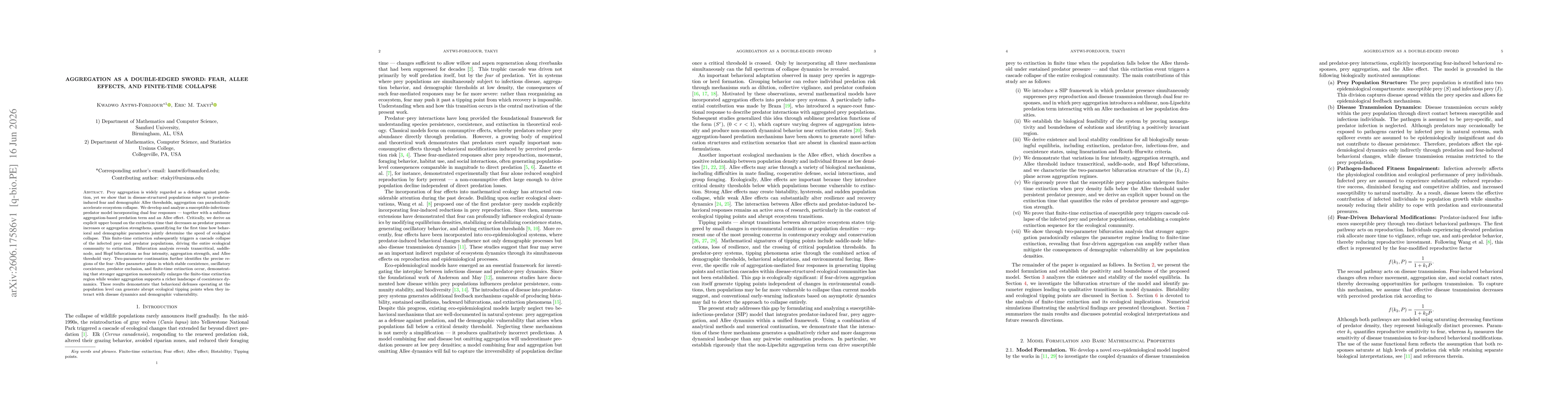 Thumbnail for Aggregation as a Double-Edged Sword: Fear, Allee Effects, and Finite-Time Collapse