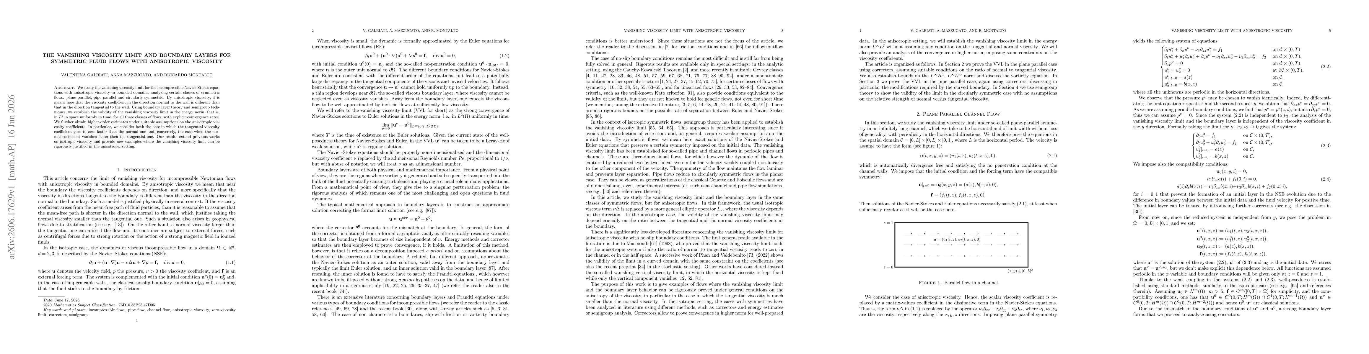 Thumbnail for The Vanishing Viscosity Limit and Boundary Layers for Symmetric Fluid Flows with Anisotropic Viscosity