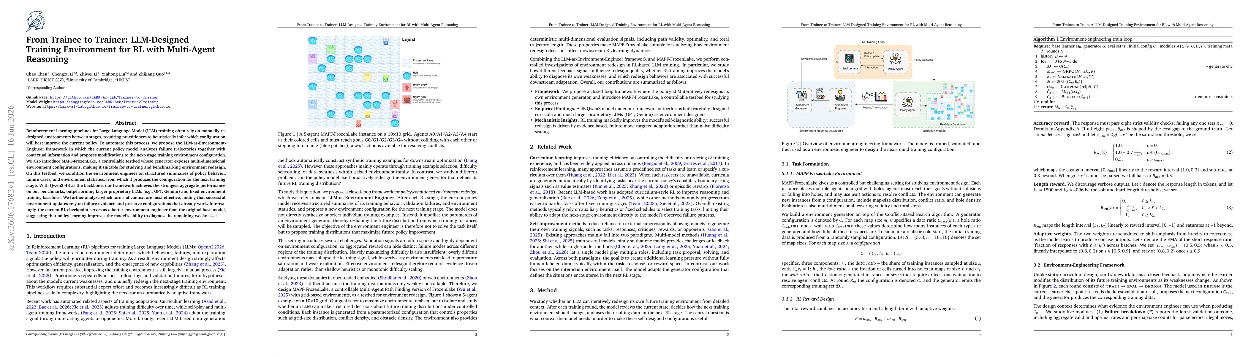 Thumbnail for From Trainee to Trainer: LLM-Designed Training Environment for RL with Multi-Agent Reasoning