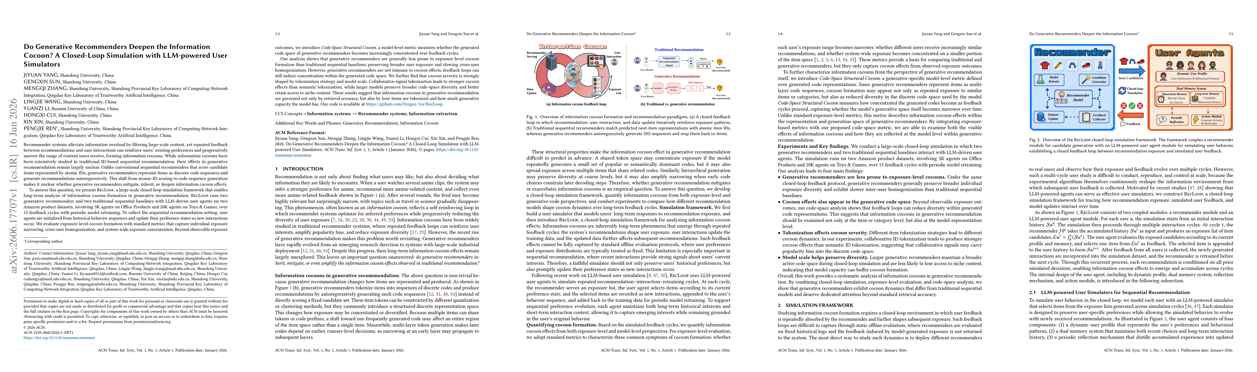 Thumbnail for Do Generative Recommenders Deepen the Information Cocoon? A Closed-Loop Simulation with LLM-powered User Simulators