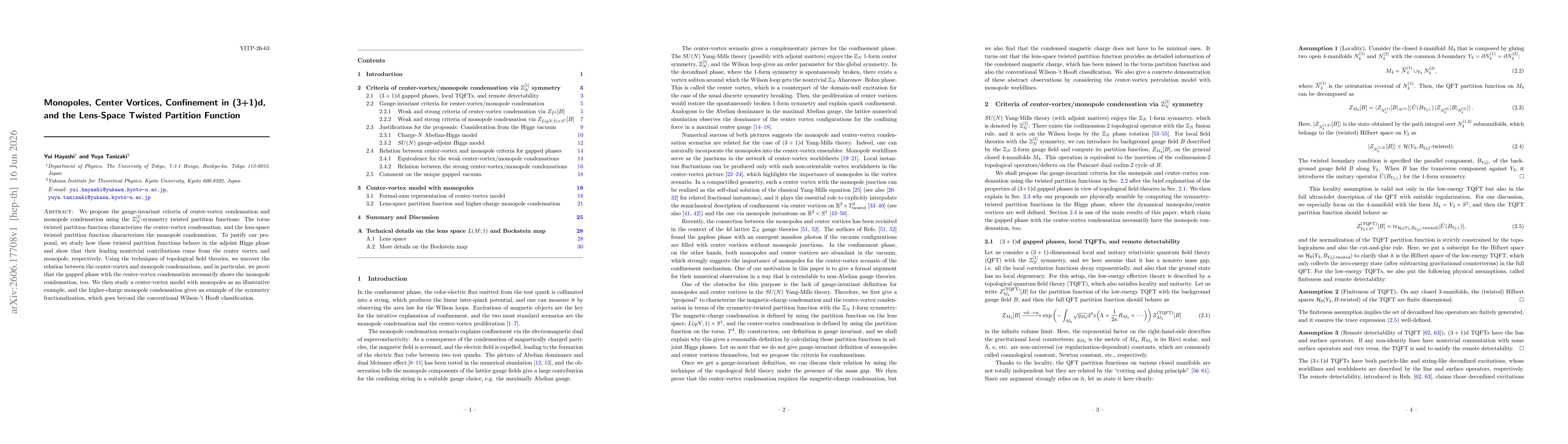 Thumbnail for Monopoles, Center Vortices, Confinement in (3+1)d, and the Lens-Space Twisted Partition Function