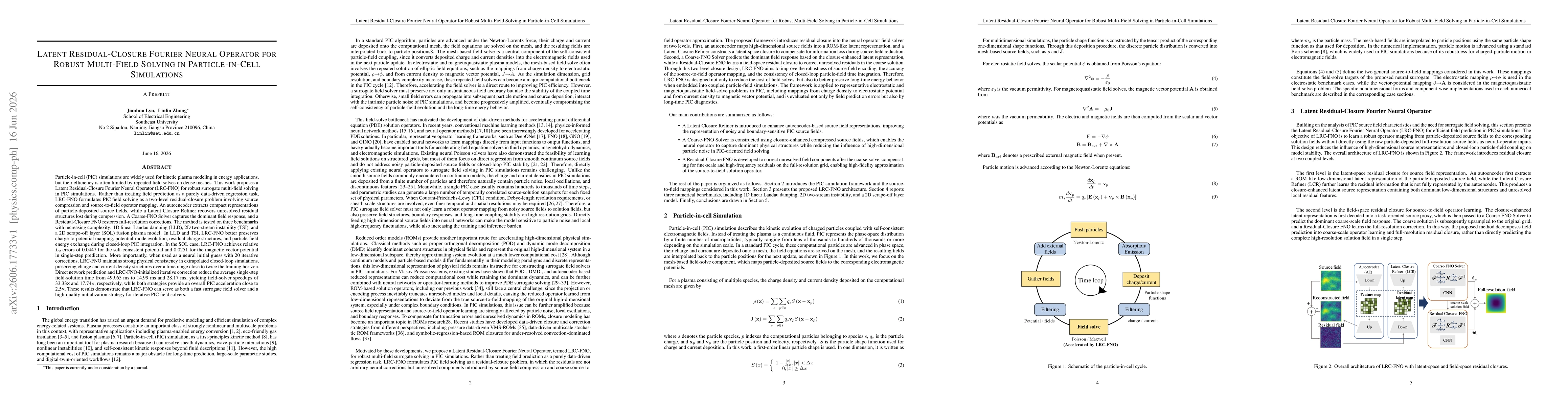 Thumbnail for Latent Residual-Closure Fourier Neural Operator for Robust Multi-Field Solving in Particle-in-Cell Simulations