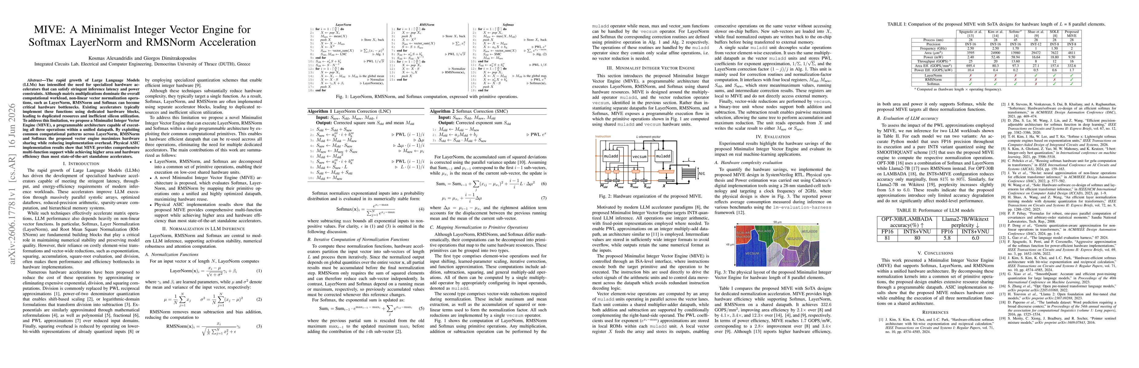 Thumbnail for MIVE: A Minimalist Integer Vector Engine for Softmax LayerNorm and RMSNorm Acceleration