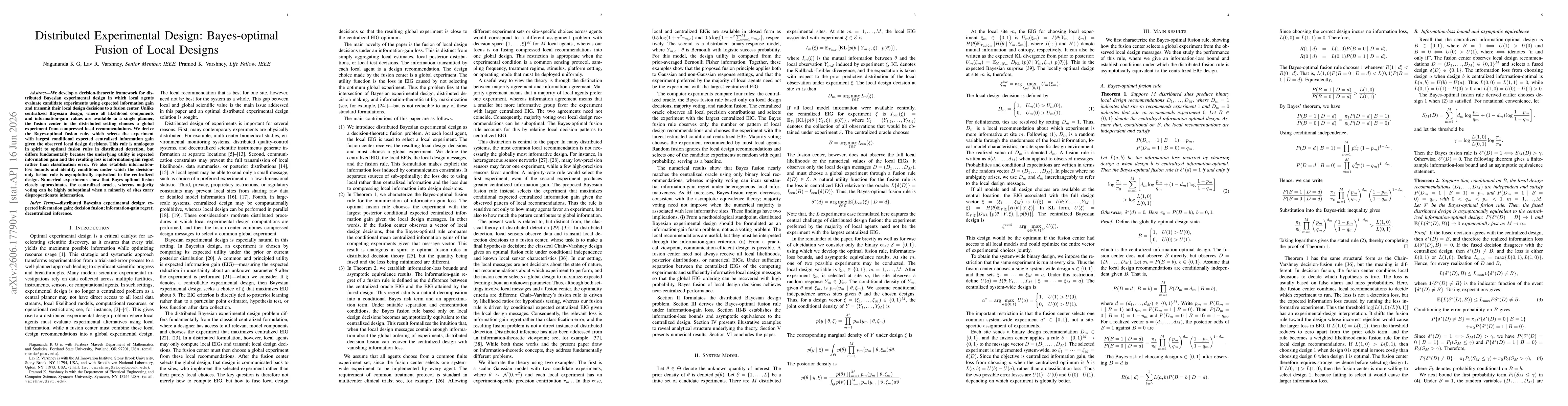 Thumbnail for Distributed Experimental Design: Bayes-optimal Fusion of Local Designs