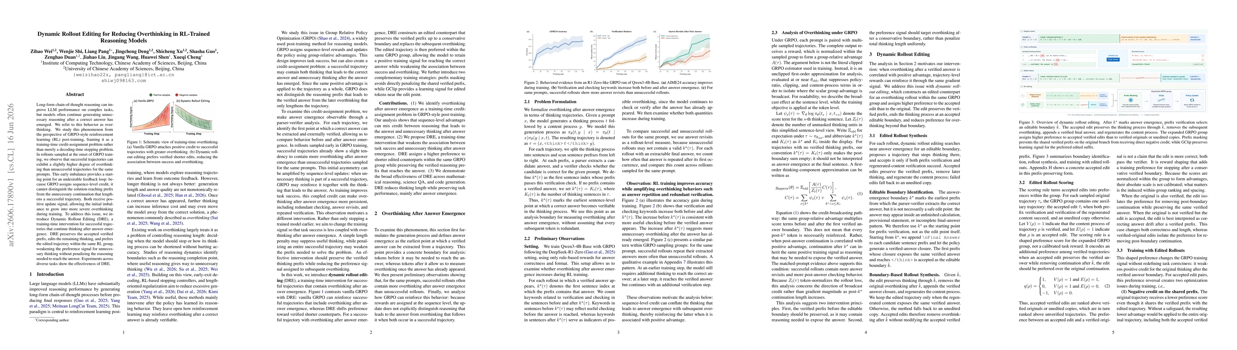 Thumbnail for Dynamic Rollout Editing for Reducing Overthinking in RL-Trained Reasoning Models