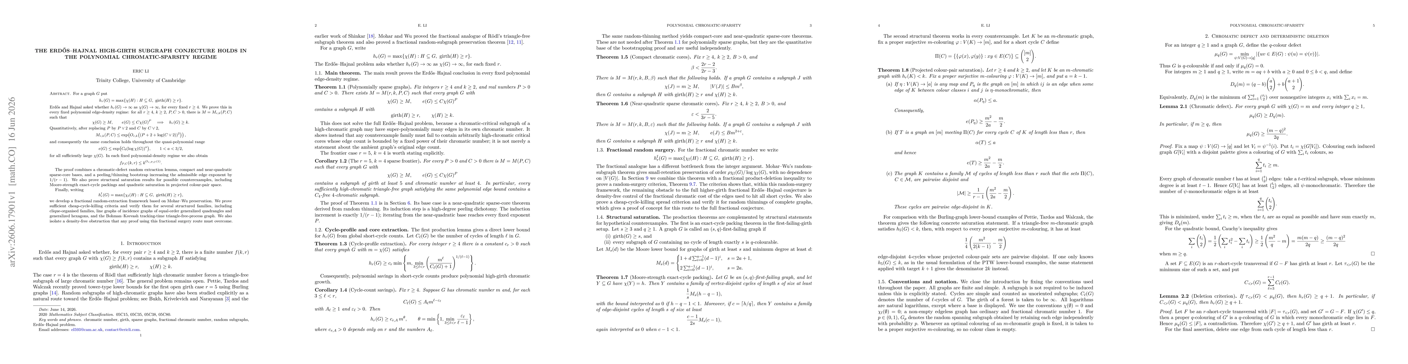 Thumbnail for The Erdős-Hajnal High-Girth Subgraph Conjecture Holds in the Polynomial Chromatic-Sparsity Regime