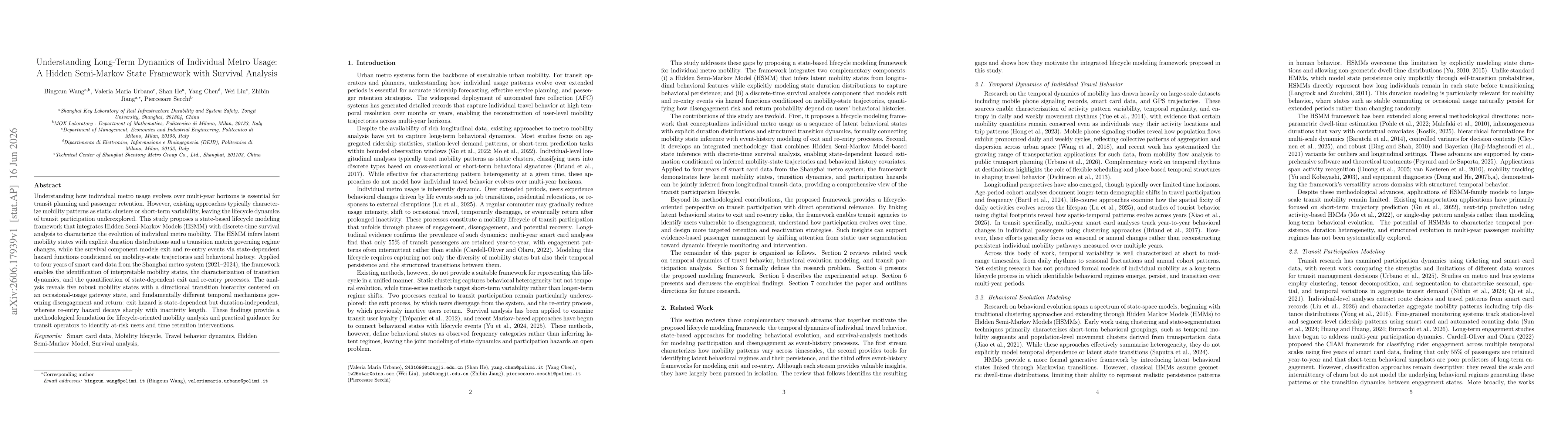 Thumbnail for Understanding Long-Term Dynamics of Individual Metro Usage: A Hidden Semi-Markov State Framework with Survival Analysis