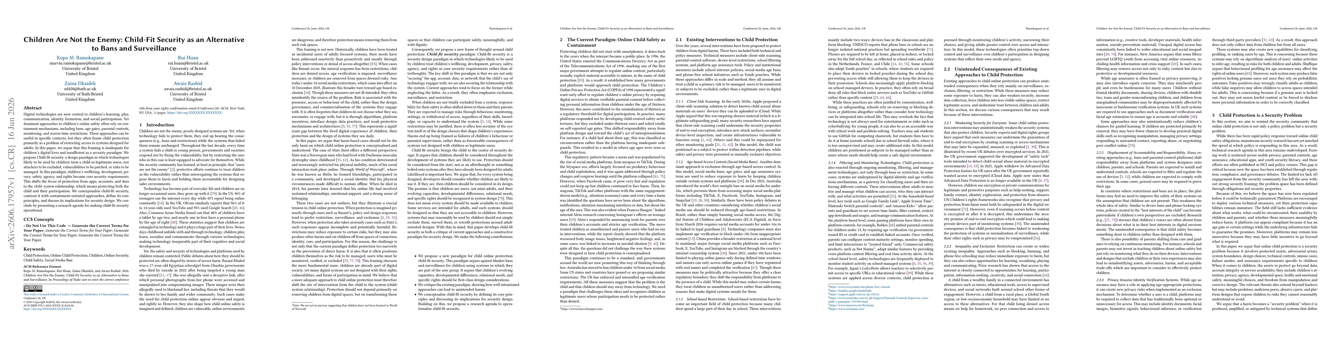 Thumbnail for Children Are Not the Enemy: Child-Fit Security as an Alternative to Bans and Surveillance