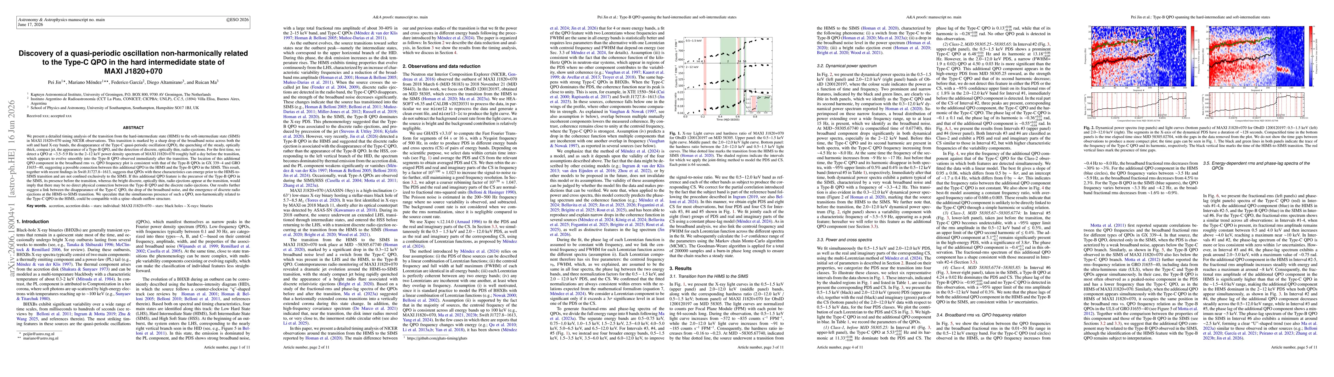 Thumbnail for Discovery of a quasi-periodic oscillation non-harmonically related to the Type-C QPO in the hard intermedidate state of MAXI J1820+070