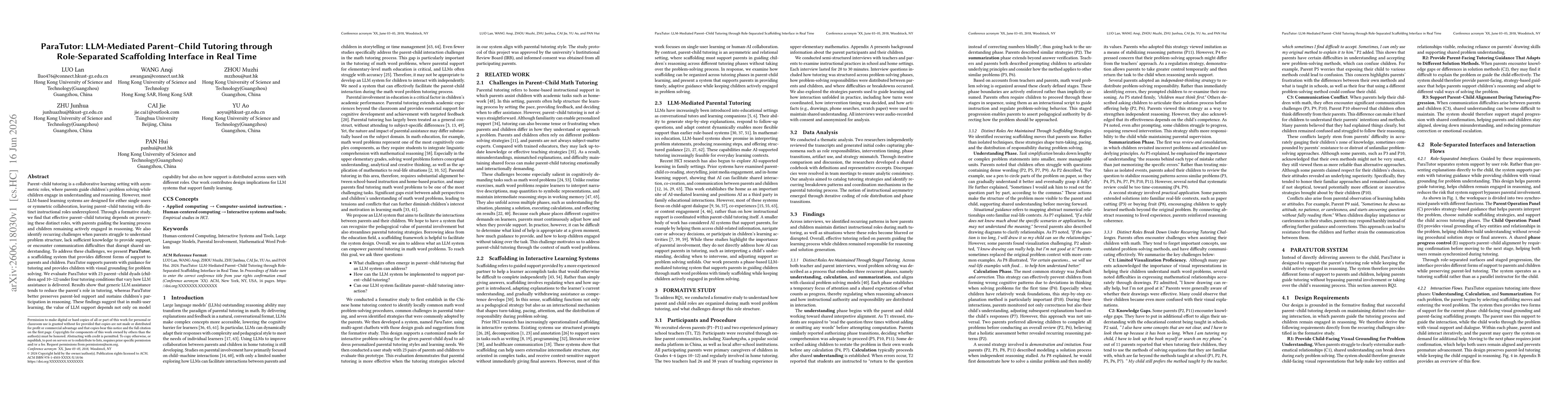 Thumbnail for ParaTutor: LLM Mediated Parent Child Tutoring through Role Separated Scaffolding Interface in Real Time