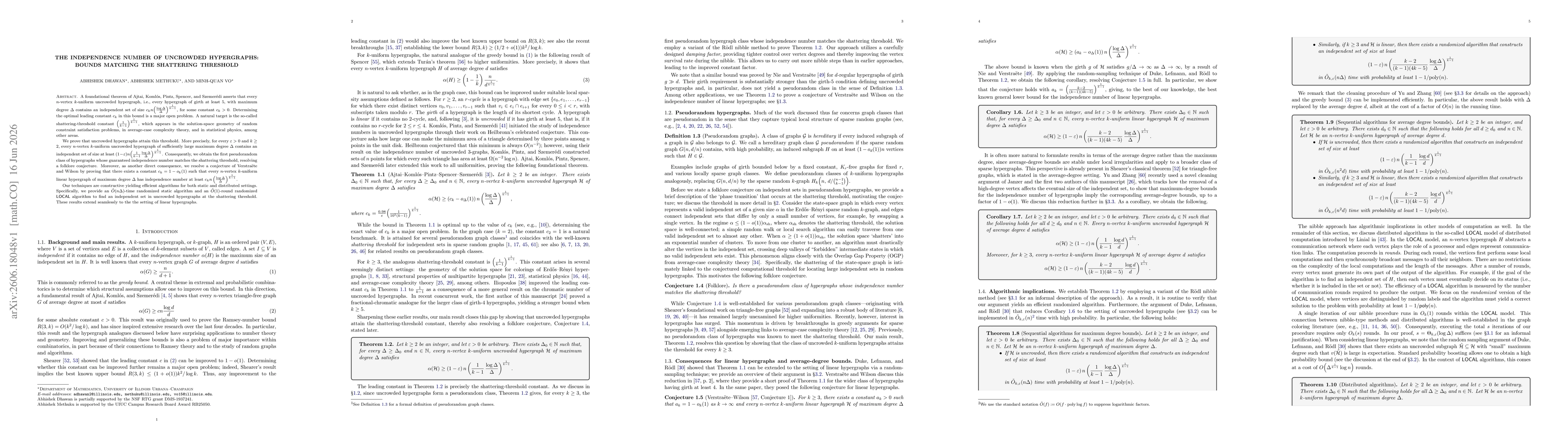 Thumbnail for The independence number of uncrowded hypergraphs: bounds matching the shattering threshold