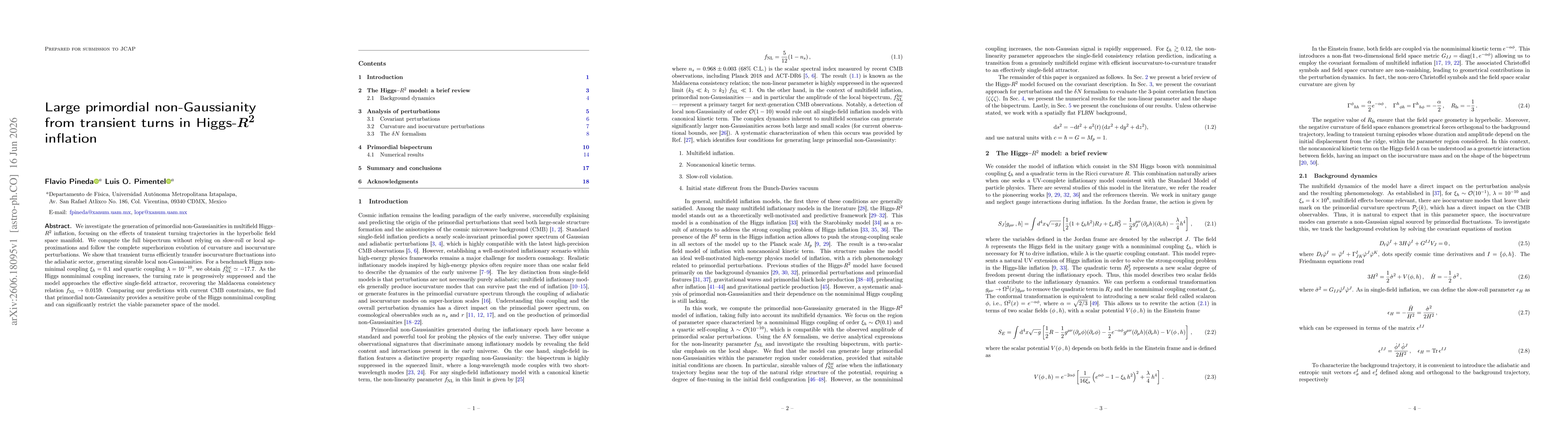 Thumbnail for Large primordial non-Gaussianity from transient turns in Higgs-$R^2$ inflation