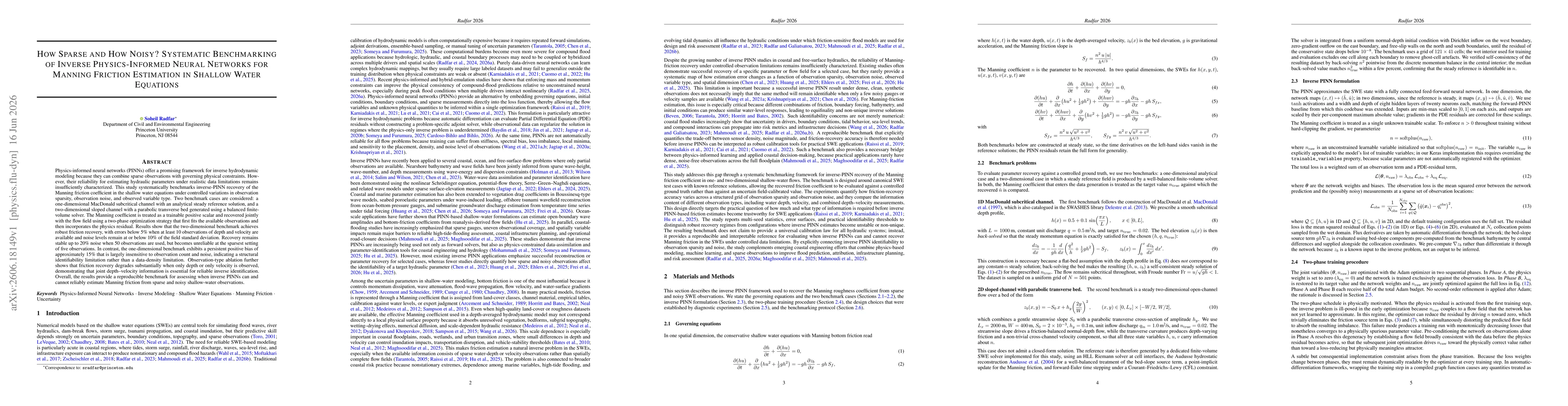 Thumbnail for How Sparse and How Noisy? Systematic Benchmarking of Inverse Physics-Informed Neural Networks for Manning Friction Estimation in Shallow Water Equations