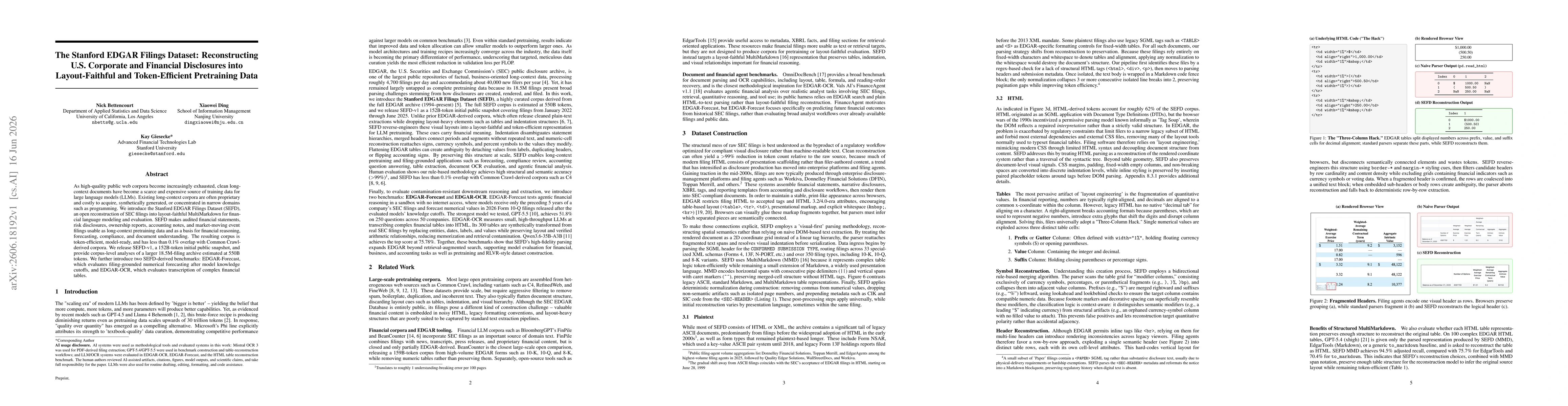 Thumbnail for The Stanford EDGAR Filings Dataset: Reconstructing U.S. Corporate and Financial Disclosures into Layout-Faithful and Token-Efficient Pretraining Data