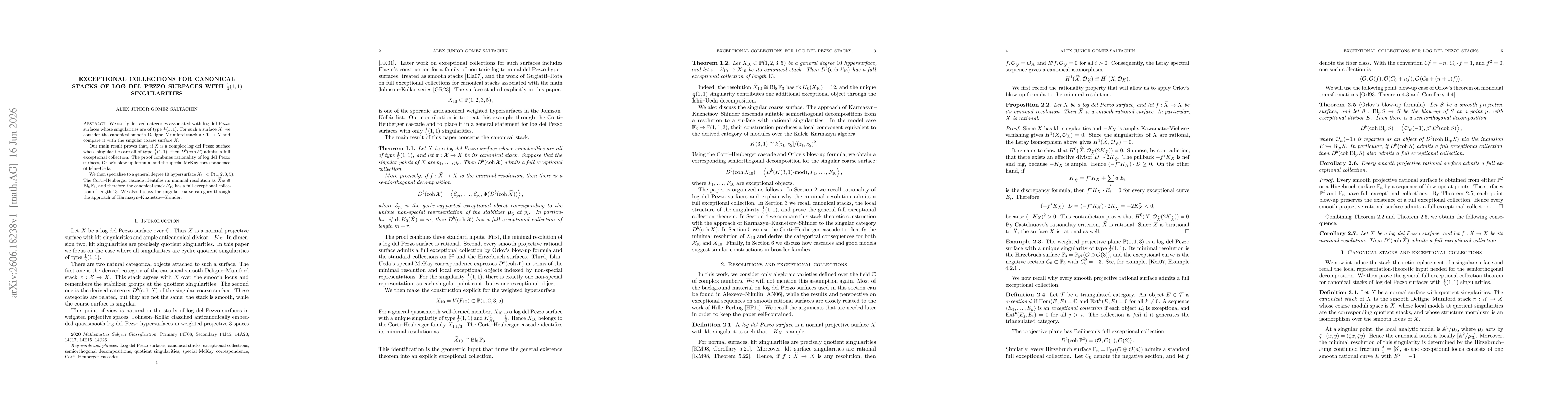 Thumbnail for Exceptional collections for canonical stacks of log del Pezzo surfaces with $\frac13(1,1)$ singularities