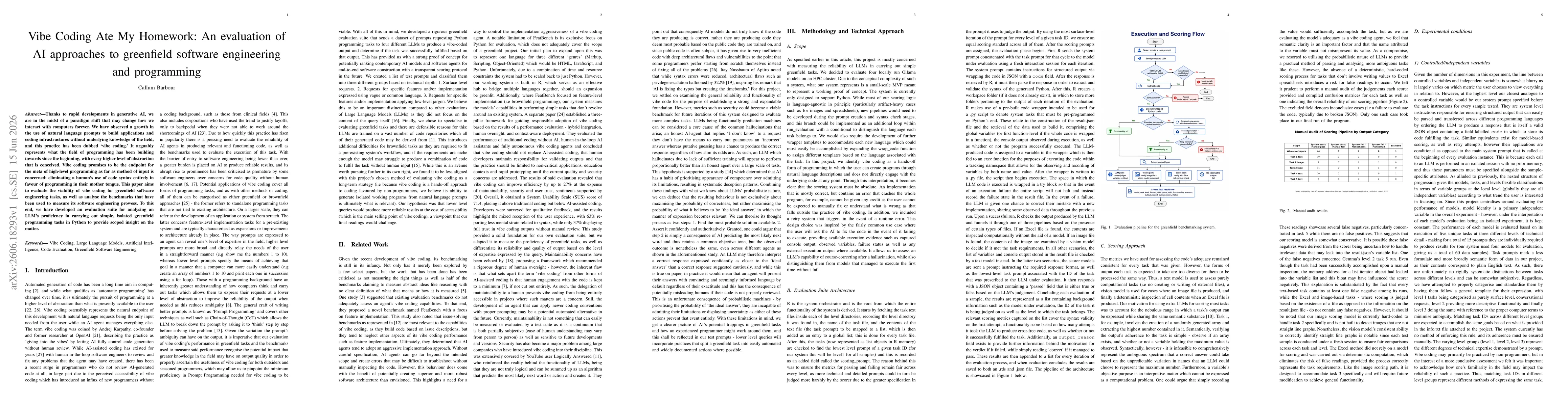 Thumbnail for Vibe Coding Ate My Homework: An evaluation of AI approaches to greenfield software engineering and programming