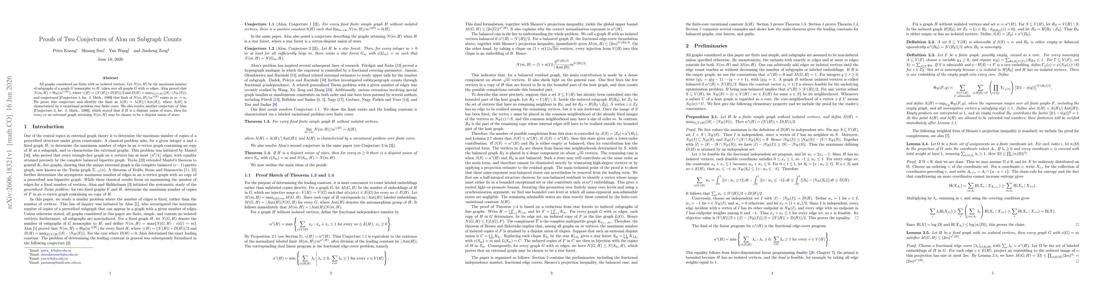 Thumbnail for Proofs of Two Conjectures of Alon on Subgraph Counts