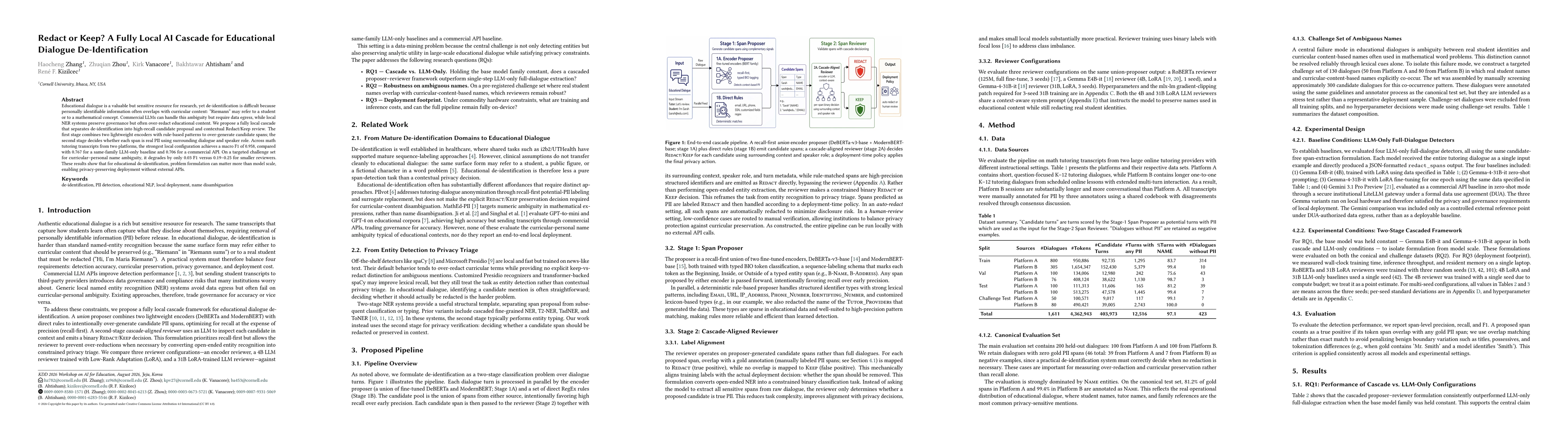 Thumbnail for Redact or Keep? A Fully Local AI Cascade for Educational Dialogue De-Identification
