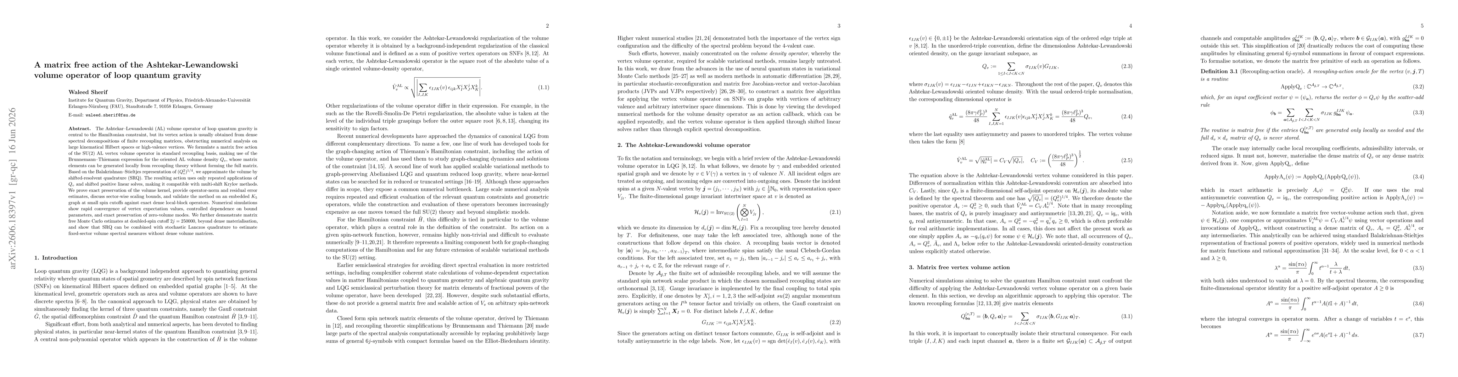 Thumbnail for A matrix free action of the Ashtekar-Lewandowski volume operator of loop quantum gravity