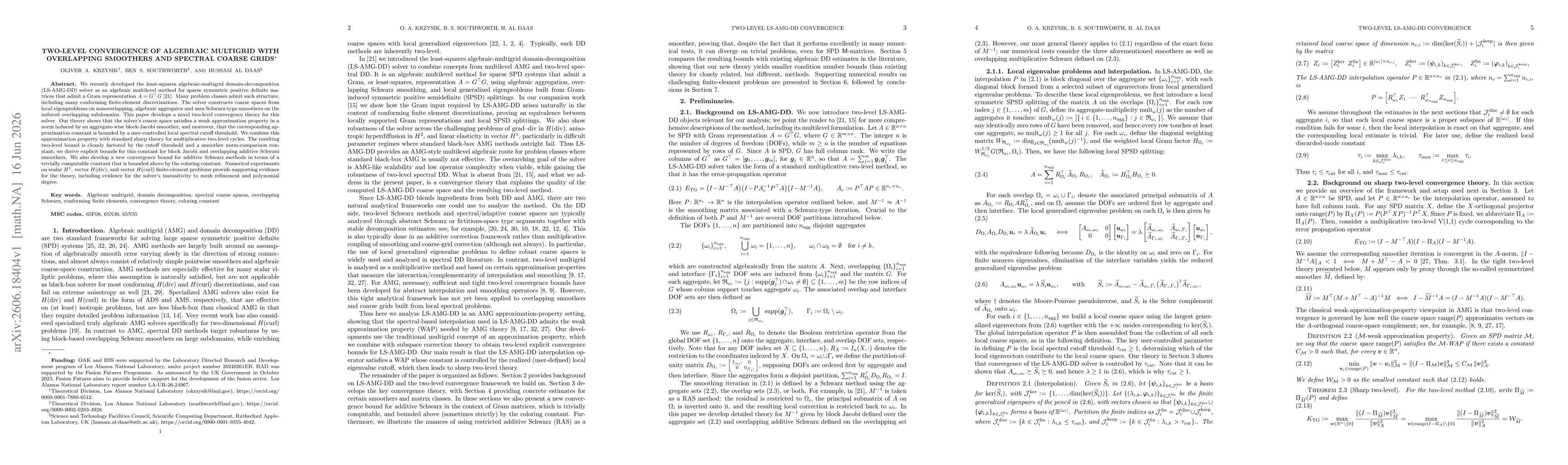 Thumbnail for Two-level convergence of Algebraic Multigrid with Overlapping Smoothers and Spectral Coarse Grids