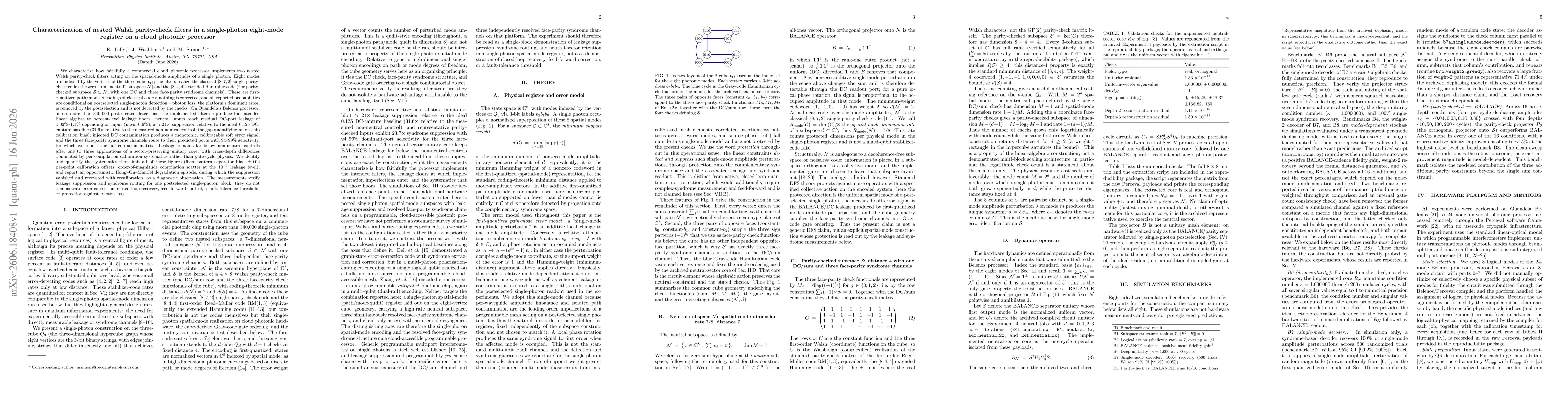 Thumbnail for Characterization of nested Walsh parity-check filters in a single-photon eight-mode register on a cloud photonic processor
