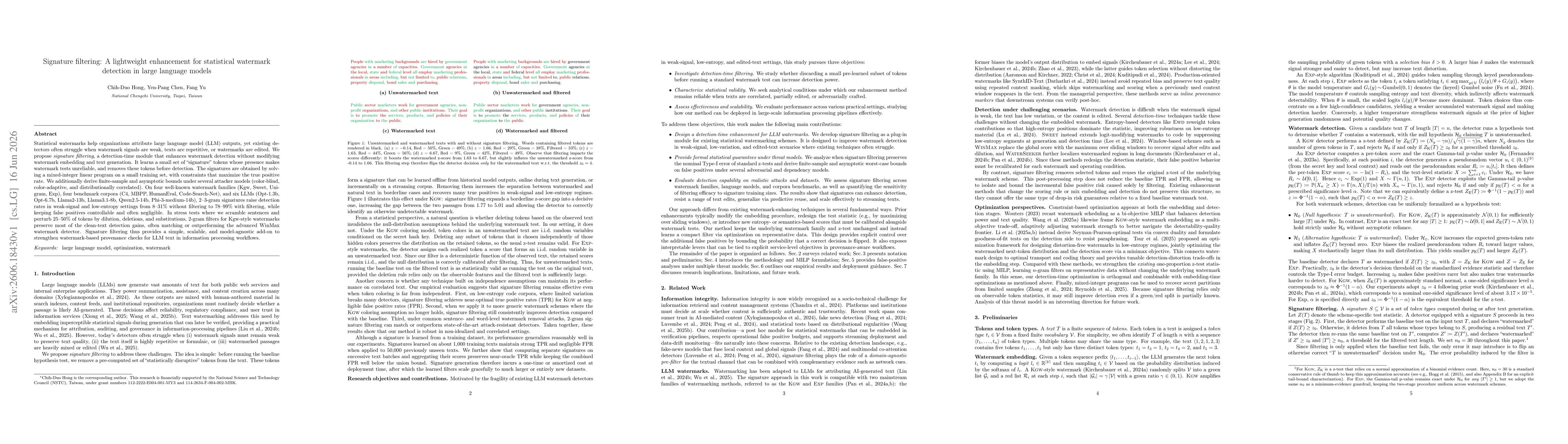 Thumbnail for Signature filtering: a lightweight enhancement for statistical watermark detection in large language models