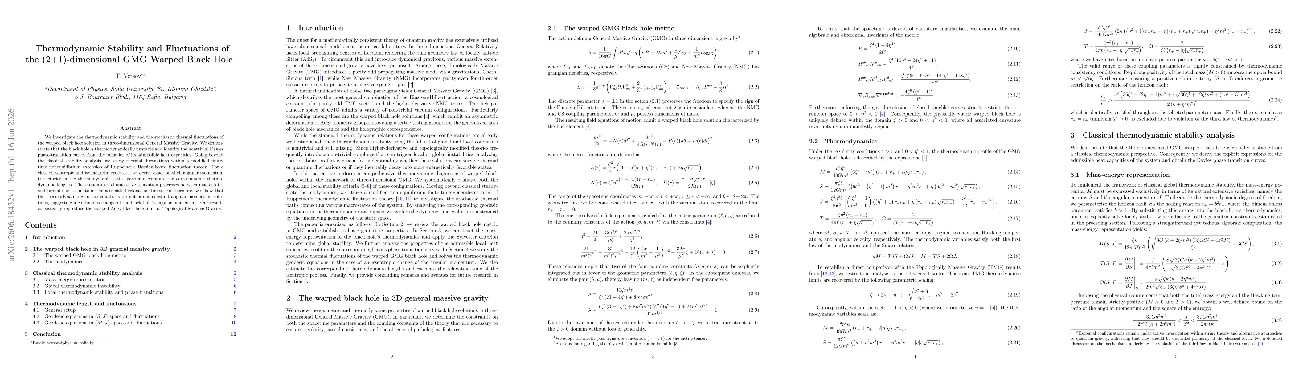 Thumbnail for Thermodynamic Stability and Fluctuations of the (2+1)-dimensional GMG Warped Black Hole
