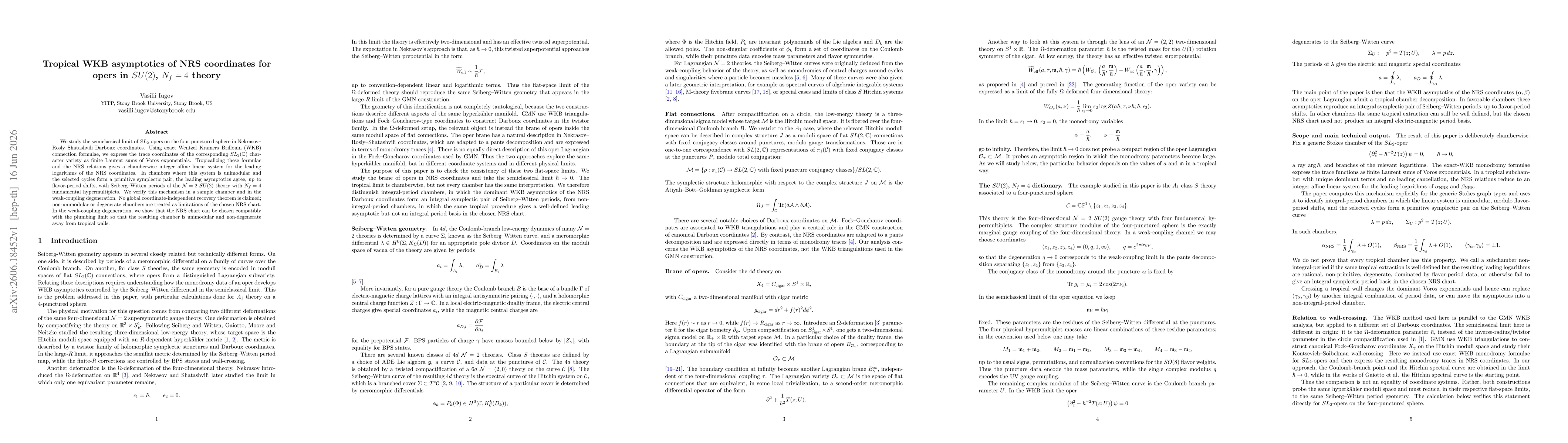 Thumbnail for Tropical WKB asymptotics of NRS coordinates for opers in $SU(2)$, $N_f=4$ theory