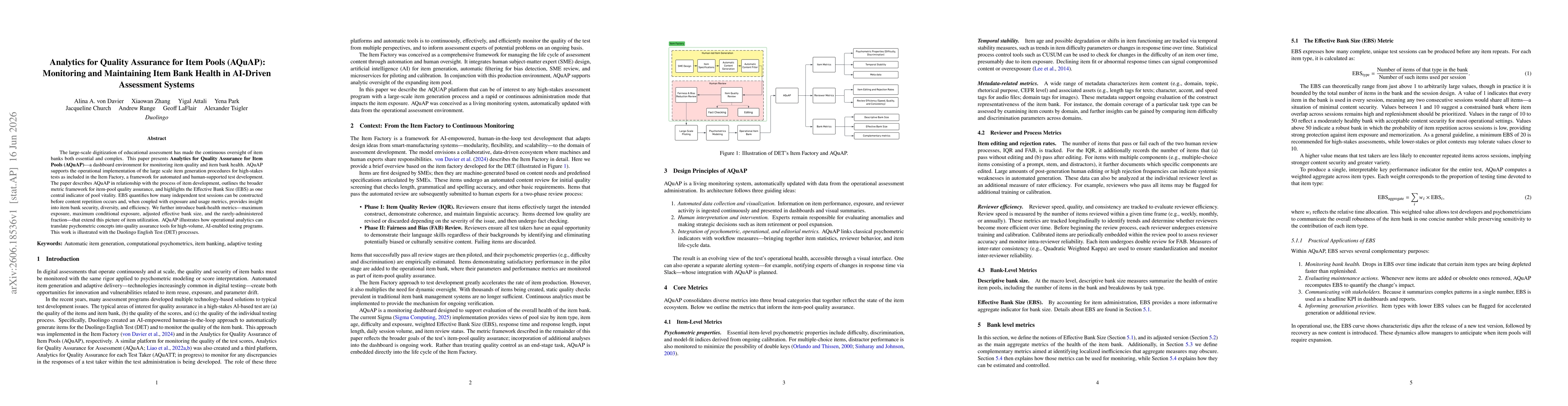 Thumbnail for Analytics for Quality Assurance for Item Pools (AQuAP): Monitoring and Maintaining Item Bank Health in AI-Driven Assessment Systems