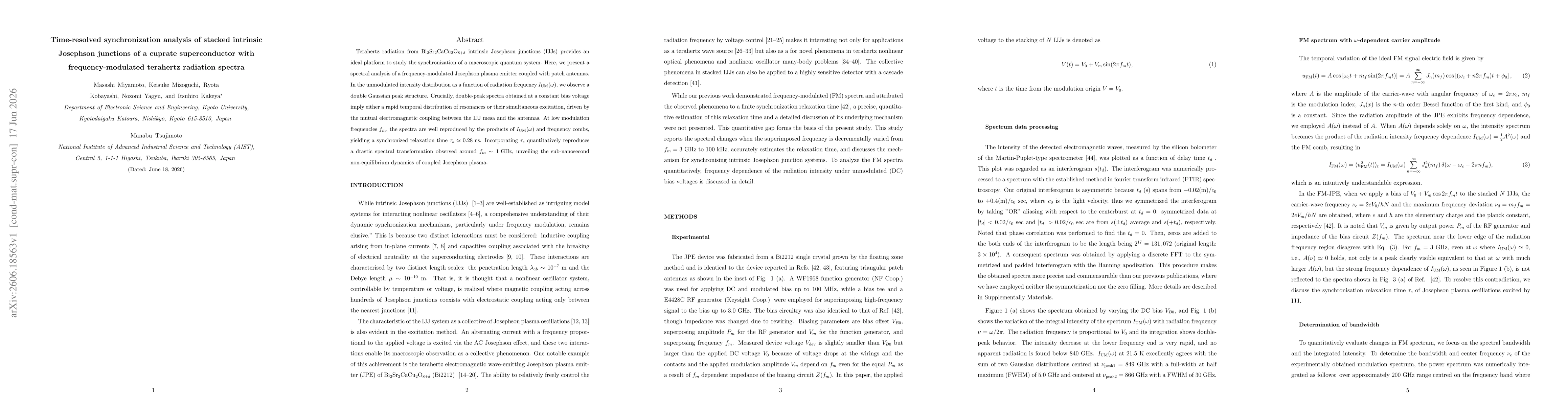 Thumbnail for Time-resolved synchronization analysis of stacked intrinsic Josephson junctions of a cuprate superconductor with frequency-modulated terahertz radiation spectra