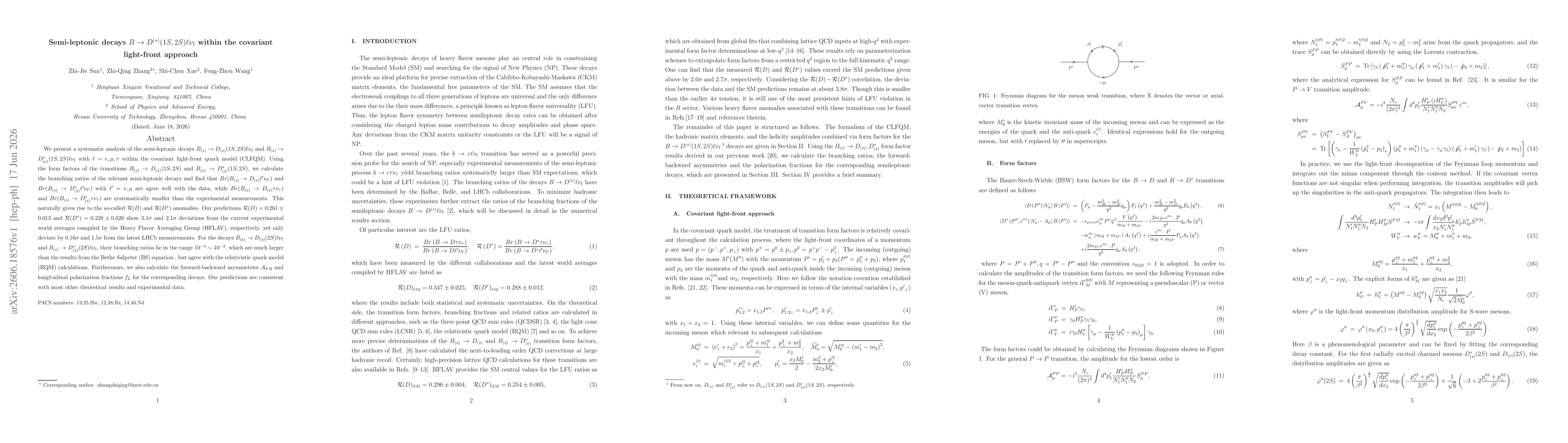 Thumbnail for Semi-leptonic decays $B \to D^{(*)}(1S,2S)\ell ν_{\ell}$ within the covariant light-front approach