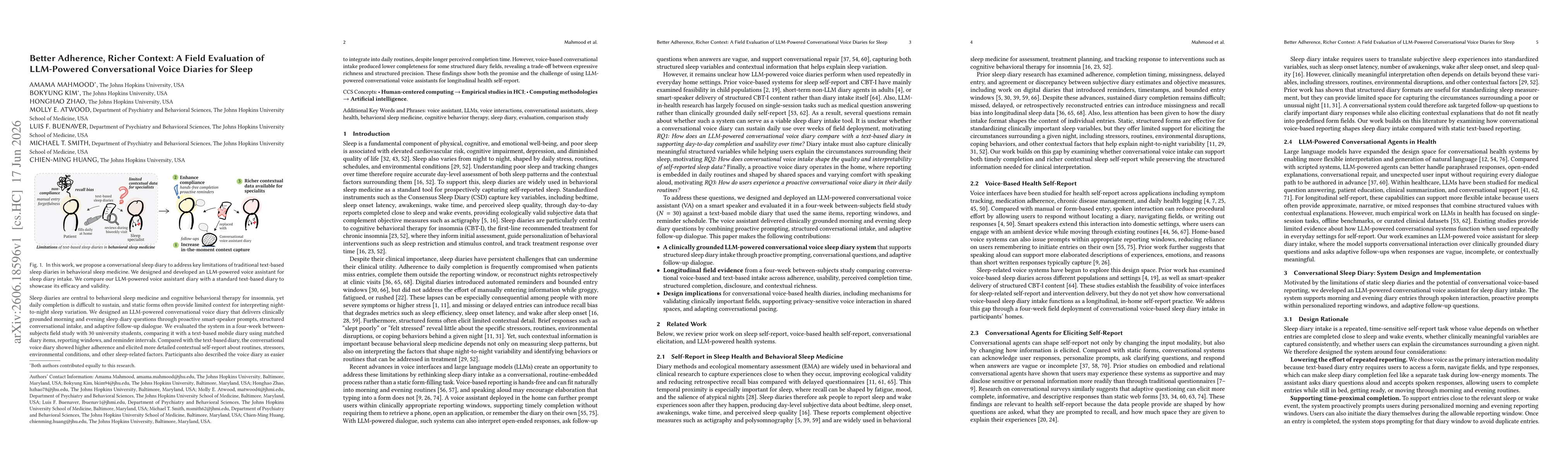 Thumbnail for Better Adherence, Richer Context: A Field Evaluation of LLM-Powered Conversational Voice Diaries for Sleep