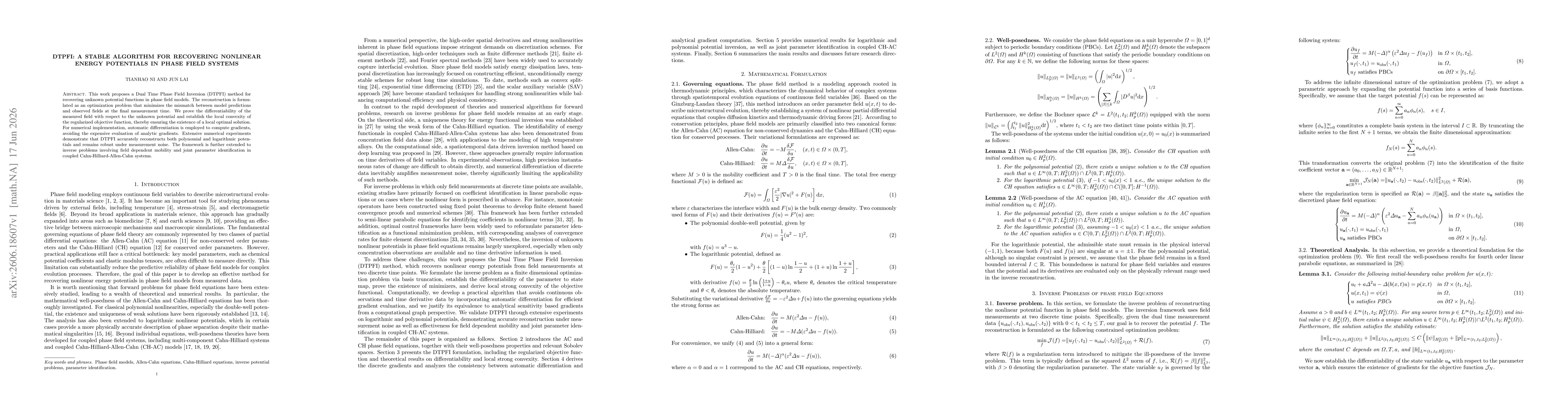 Thumbnail for DTPFI: A stable algorithm for recovering nonlinear energy potentials in phase field systems
